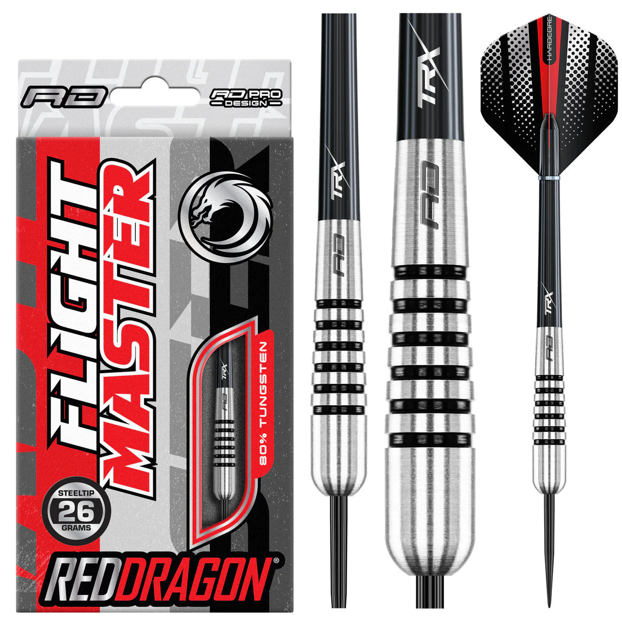Steel tip tungsten darts set in retail packaging, close-up of knurled grip, torpedo barrel, and pattern flight, ideal for dart players