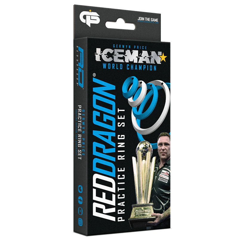 Angled view of Gerwyn Price Iceman practice ring set box, showing multiple dart training rings and world champion details