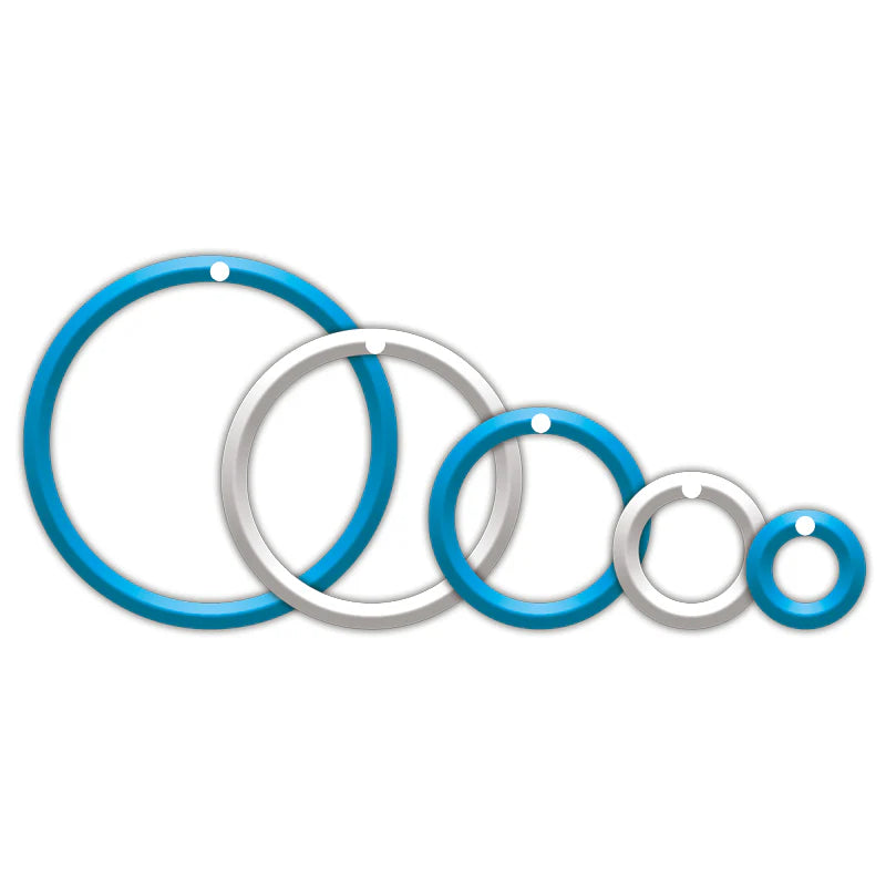 Full set of five blue and silver dart practice rings in graduated sizes, top-down view, for precision dart training
