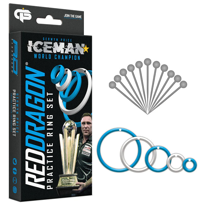 Practice ring set for darts featuring five blue and silver rings, ten pins, and retail packaging on white background