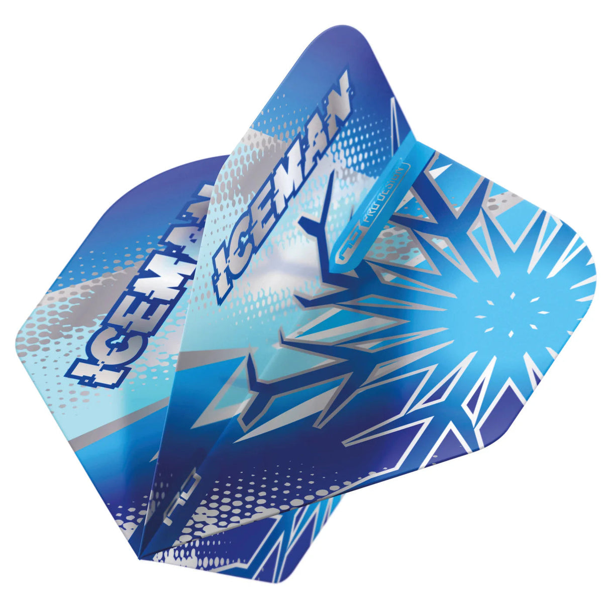 Angled close-up of three Gerwyn Price blue flake dart flights with ICEMAN text and snowflake pattern for dart setup