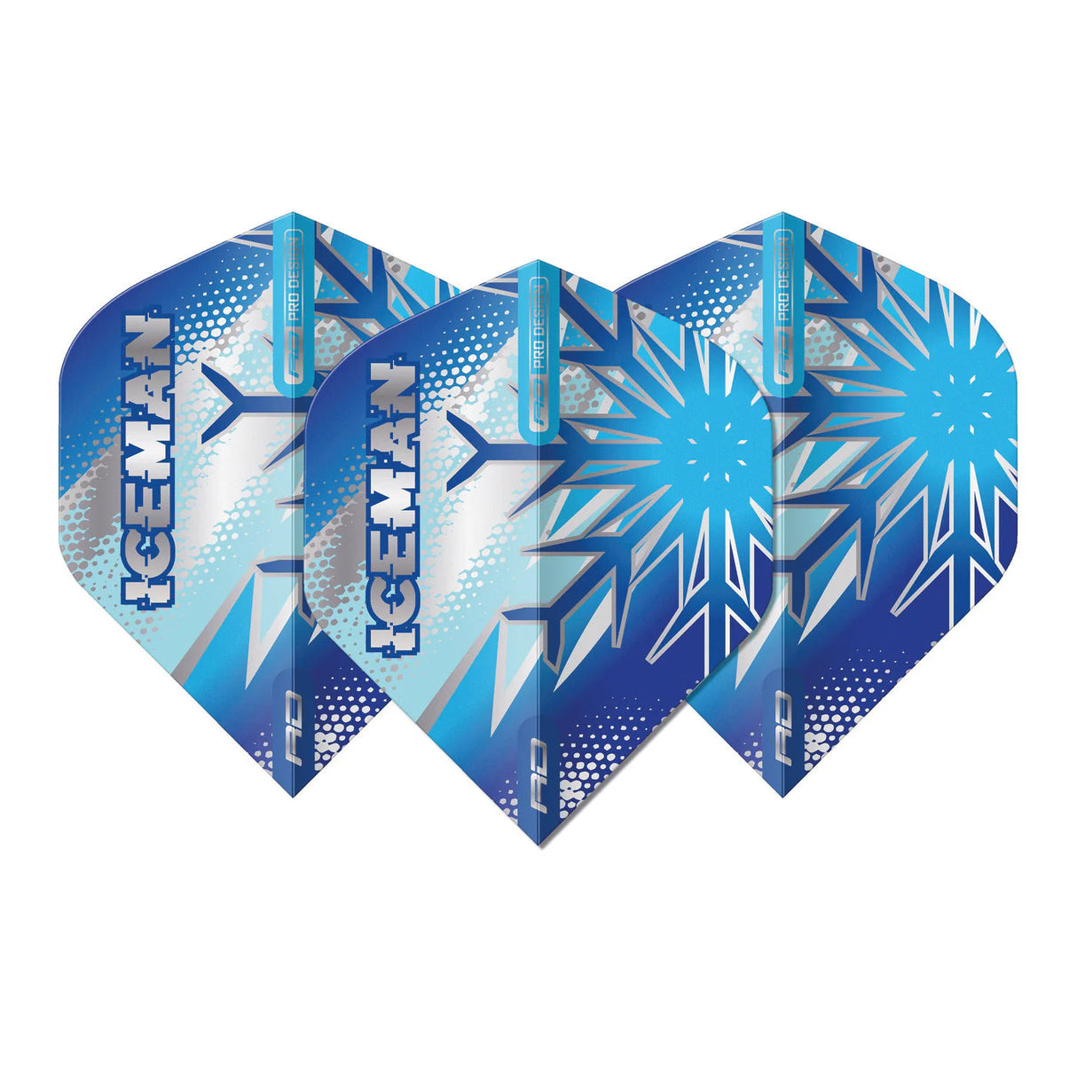 Set of three Gerwyn Price blue flake dart flights arranged side by side on white background, highlighting snowflake pattern and ICEMAN logo