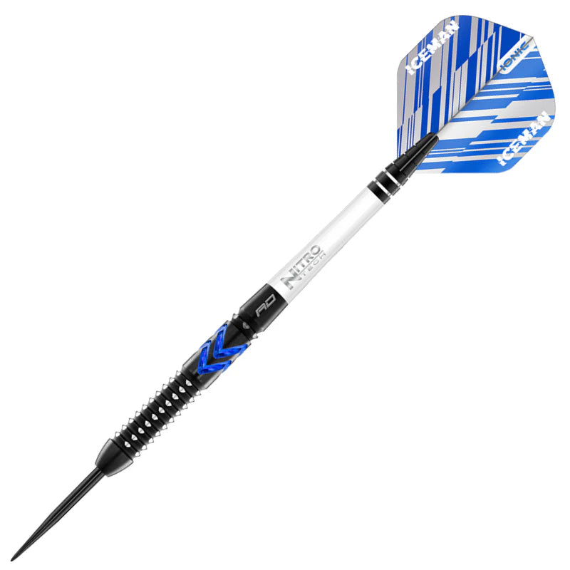 Full view steel tip dart with blue and silver flights, textured black and blue grip barrel, isolated on white background