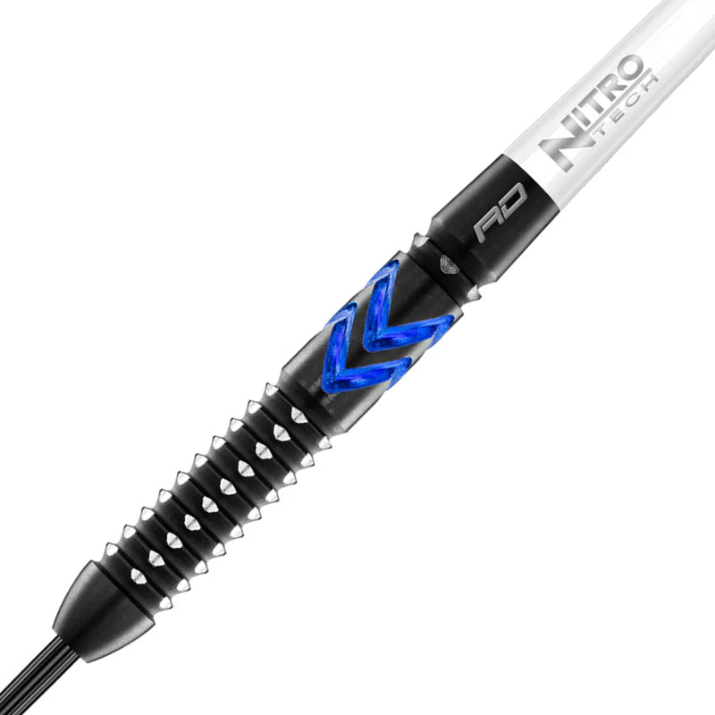 Close-up of tungsten dart barrel showing detailed grip rings and blue chevron accent, isolated on white for darts enthusiasts