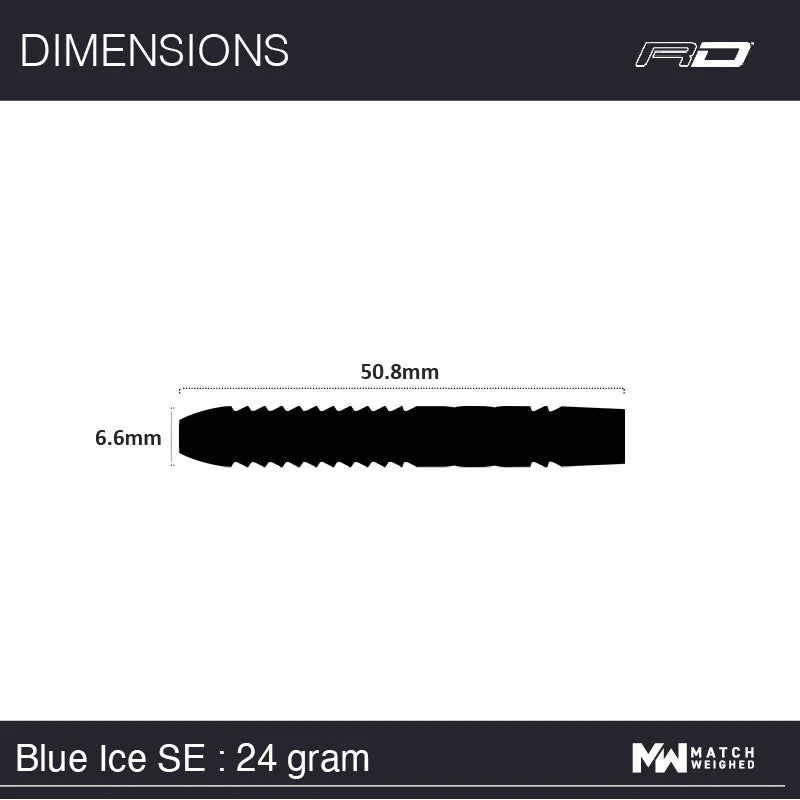Dart barrel dimension diagram with 50.8mm length and 6.6mm diameter for 24g Blue Ice tungsten darts