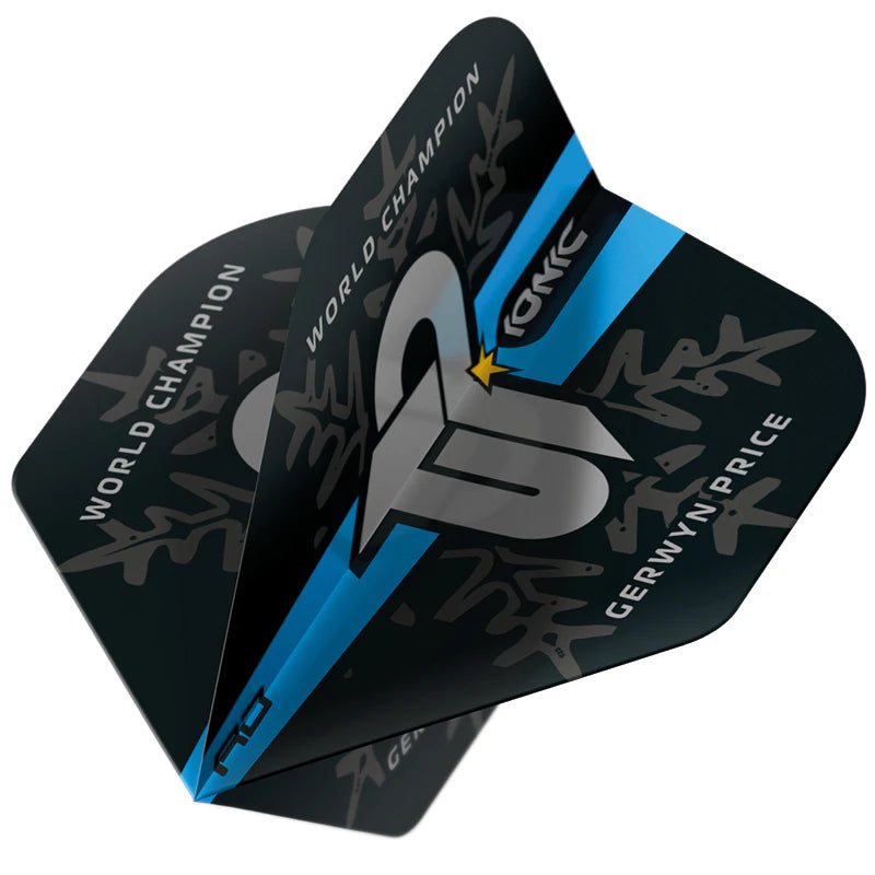 Close-up angled view of three Gerwyn Price No.2 dart flights, showcasing blue stripe, bold logo, and world champion text.