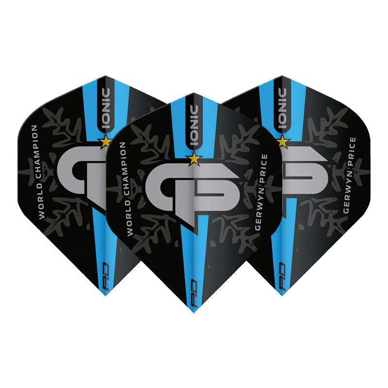 Set of three Gerwyn Price blue logo No.2 dart flights arranged on white background, highlighting bold graphics and text