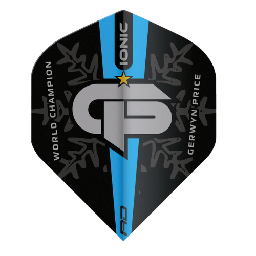 Full view dart flight with Gerwyn Price blue logo, black background, bold GP initials, blue stripe, and World Champion text