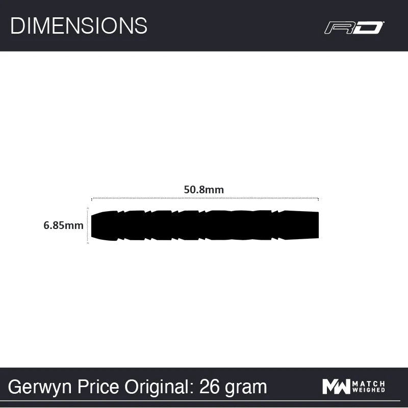 Dart barrel side view on white background with scale, showing 50.8mm length and 6.85mm diameter, ideal for tungsten dart buyers