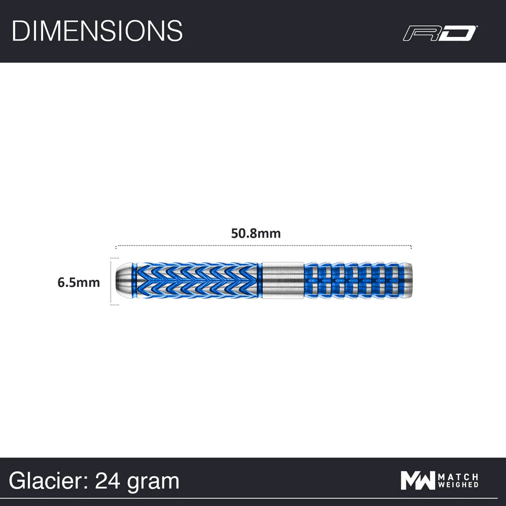 Top-down view of 24g Glacier tungsten dart barrel with blue grip pattern, isolated on white, showing 50.8mm length and 6.5mm diameter.