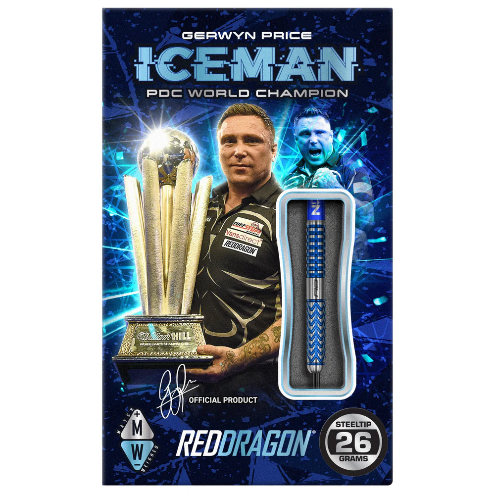 Steel tip tungsten dart in retail packaging with visible blue grip barrel design and 26 grams weight label
