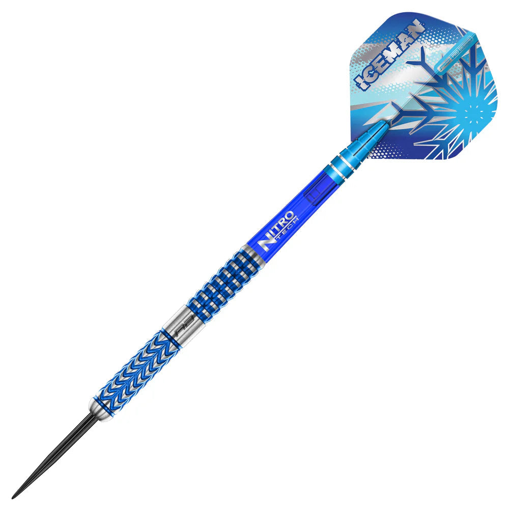 Single tungsten dart full view on white background with blue precision grip barrel and Iceman snowflake flight
