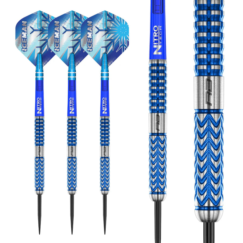 Full view of three assembled steel-tip darts plus close-up on blue glacier grip barrel, highlighting tungsten texture and flight design