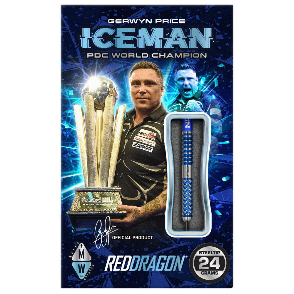 Glacier 90% tungsten dart in display packaging, single dart visible with blue textured grip, steeltip 24 grams showcased
