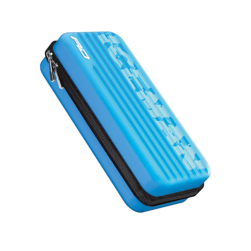 Angled view of blue hard dart case with zipper, textured geometric lid, isolated on white background
