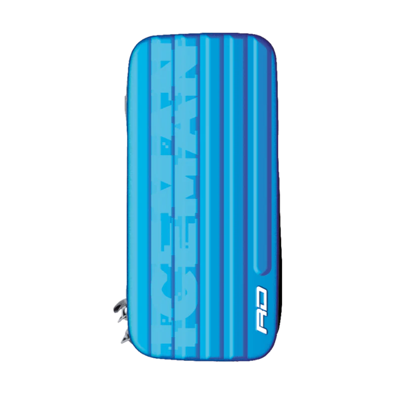 Top-down view of blue Gerwyn Price Monza dart case with icy vertical stripes, closed and isolated on white