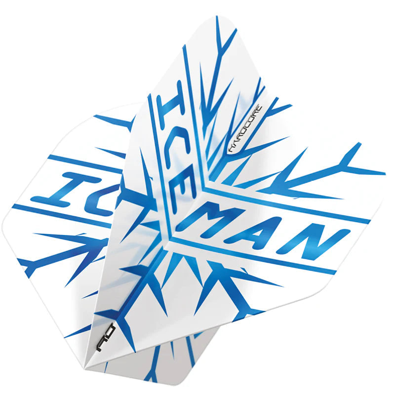 Angled close-up of snowflake dart flight with blue 'ICE MAN' lettering, isolated on white, highlighting flight shape and design details
