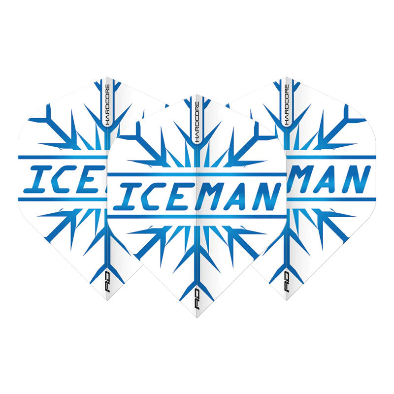 Three Gerwyn Price Snowflake No.2 dart flights arranged side by side, white with blue snowflake pattern and ICEMAN text, isolated on white background