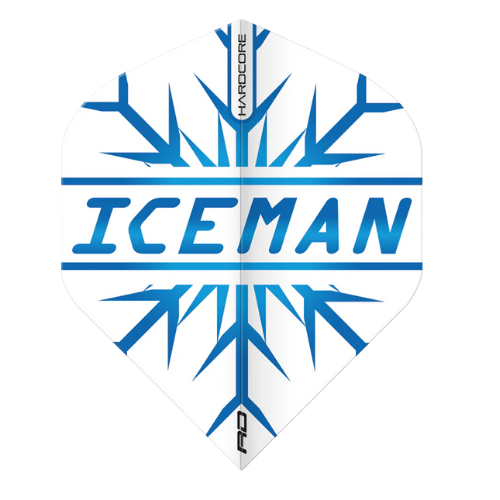 Single Gerwyn Price Snowflake No.2 dart flight, full view, blue snowflake and ICEMAN lettering, isolated on white background