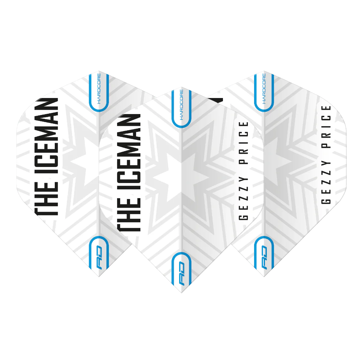 Three white Gerwyn Price Iceman No.2 dart flights with star pattern and player branding, arranged in a row on white background