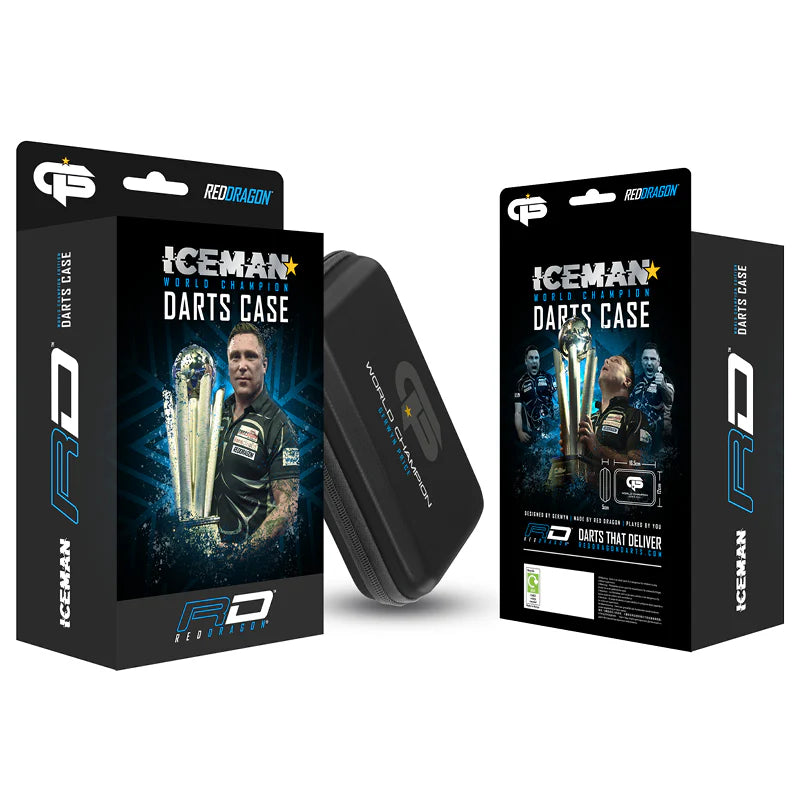 Gerwyn Price World Champion darts case shown with branded retail packaging, angled view highlights case size and display box design.