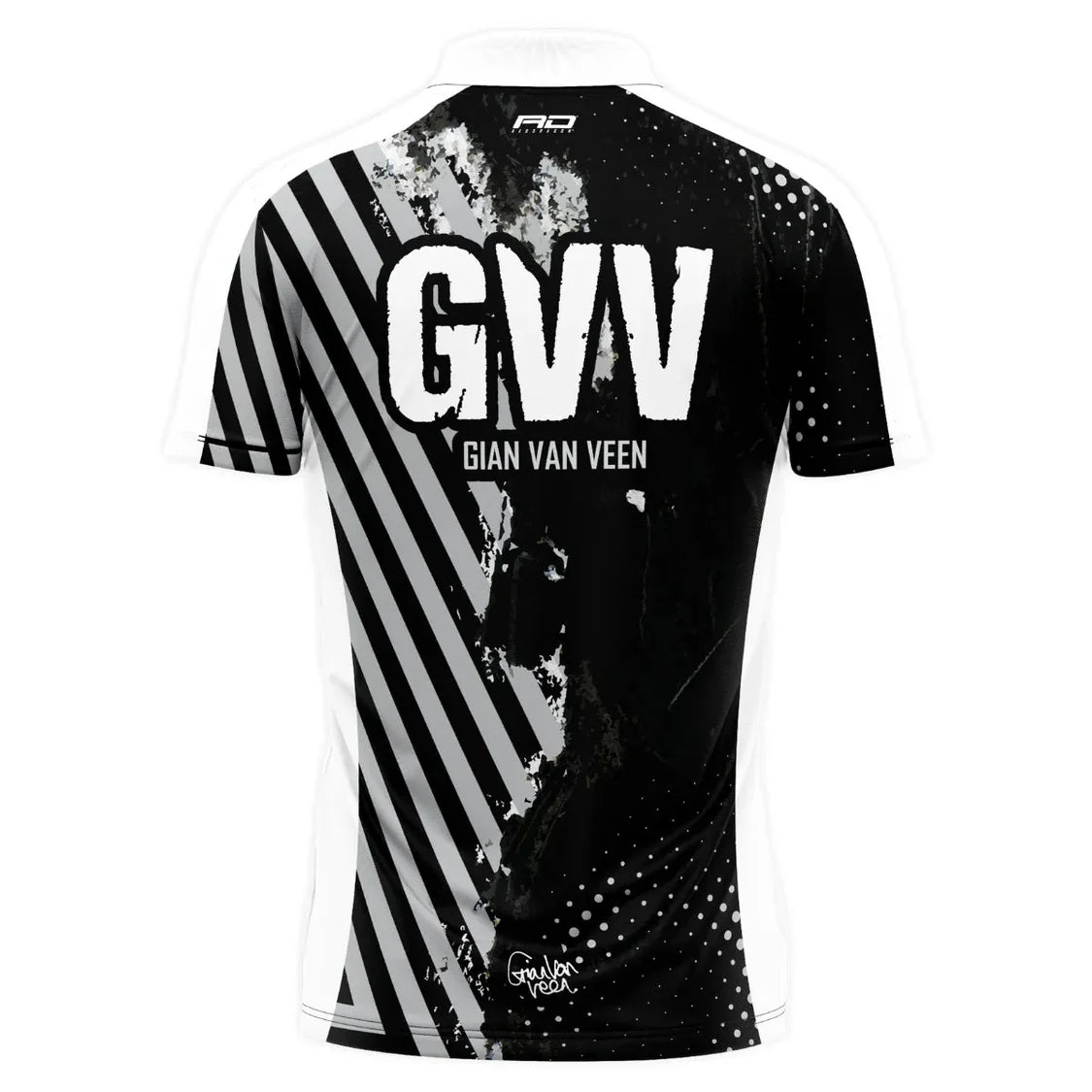 Back view of Gian Van Veen 2025 limited edition darts shirt with bold GVV lettering and black stripe design on white background