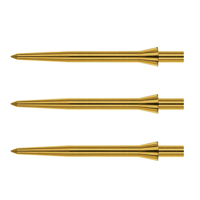 Three gold dart points side by side, showing precision tips and grooved shafts on white background for dart setup