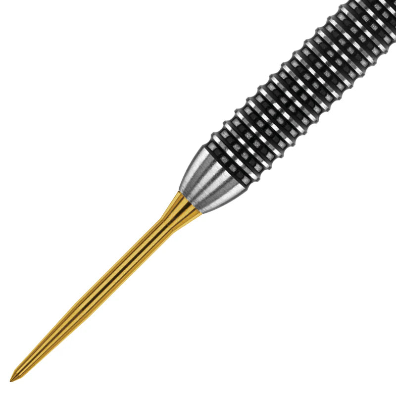 Close-up angled view of gold dart point and knurled grip texture for steel tip darts, isolated on white background