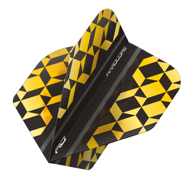 Angled close-up of black and gold geometric No.2 dart flight, isolated on white, highlighting durable pattern design
