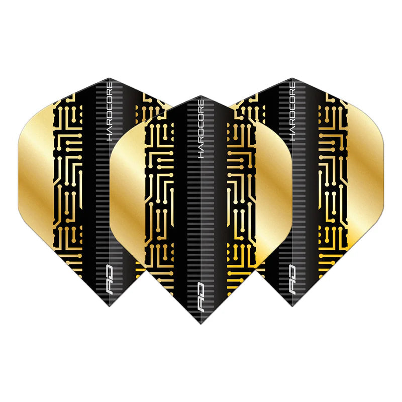 Set of three black and gold Maze No.2 dart flights displayed on white, highlighting intricate circuit design and premium hardcore finish