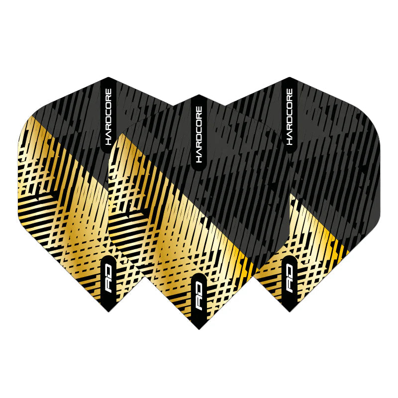 Three No.2 dart flights with gold and black fleck design displayed side by side on white background for darts setup