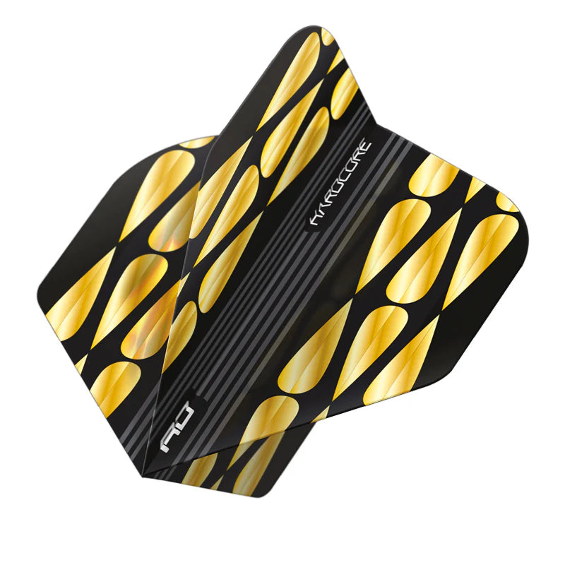 Close-up angled view of gold and black teardrop dart flights set, isolated on white, showing premium pattern and teardrop No.2 shape