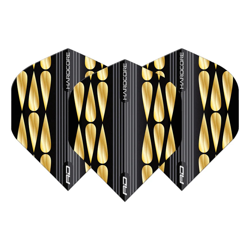 Set of three teardrop No.2 dart flights with gold and black pattern, full front view on white background, highlight flight design detail