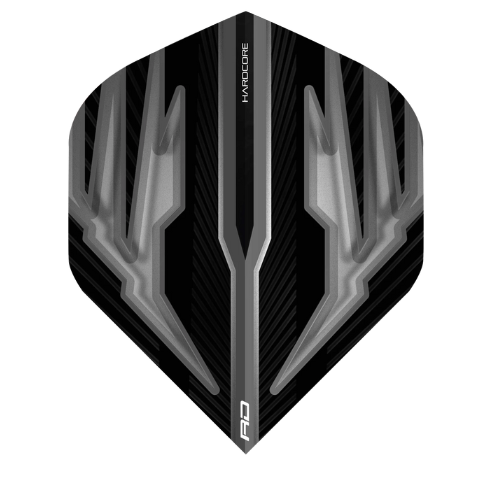 Single black and grey No.2 dart flight displayed on white background, highlighting angular Hardcore design and textured surface