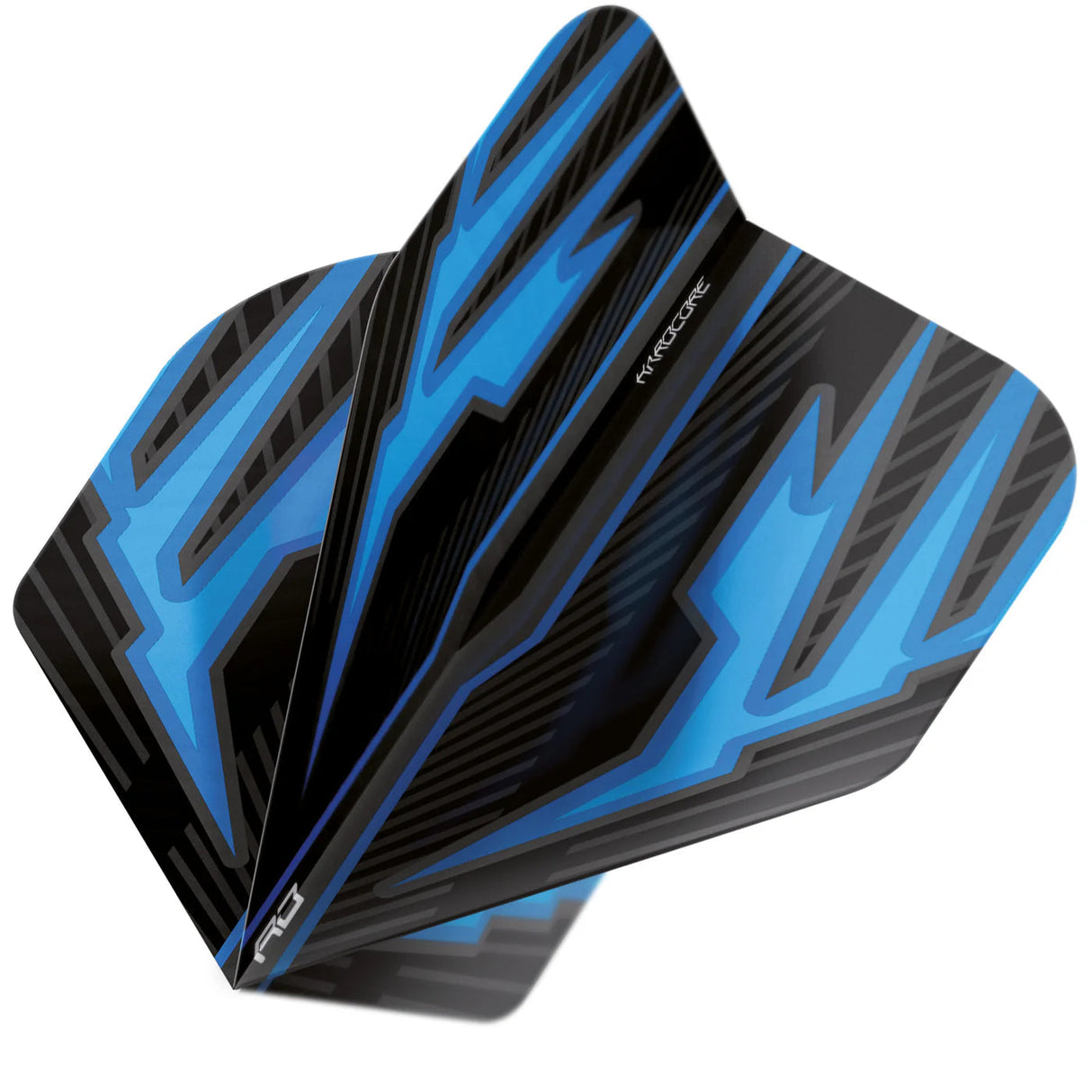 Close-up angled dart flight with bold blue and black design, emphasizing texture and aerodynamic shape, isolated on white background