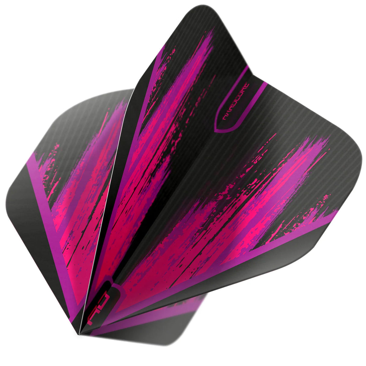 Macro angled view of Radical Pink and Black No.2 dart flight, highlighting vibrant graphics, durable material, and aerodynamic shape