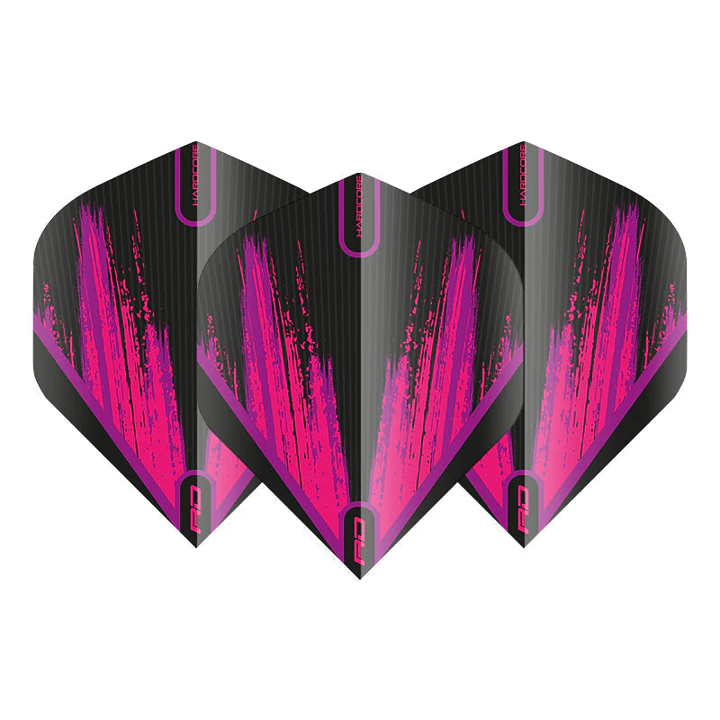 Three dart flights with radical pink and black splatter design, No.2 standard shape, arranged on white background