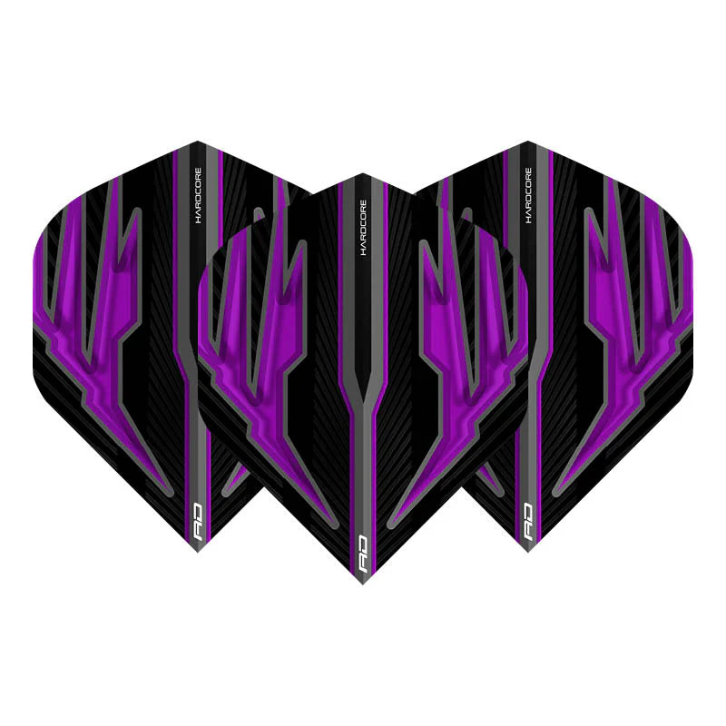 Set of three No.2 dart flights with bold purple and black graphic design, displayed front view on white background for darts equipment