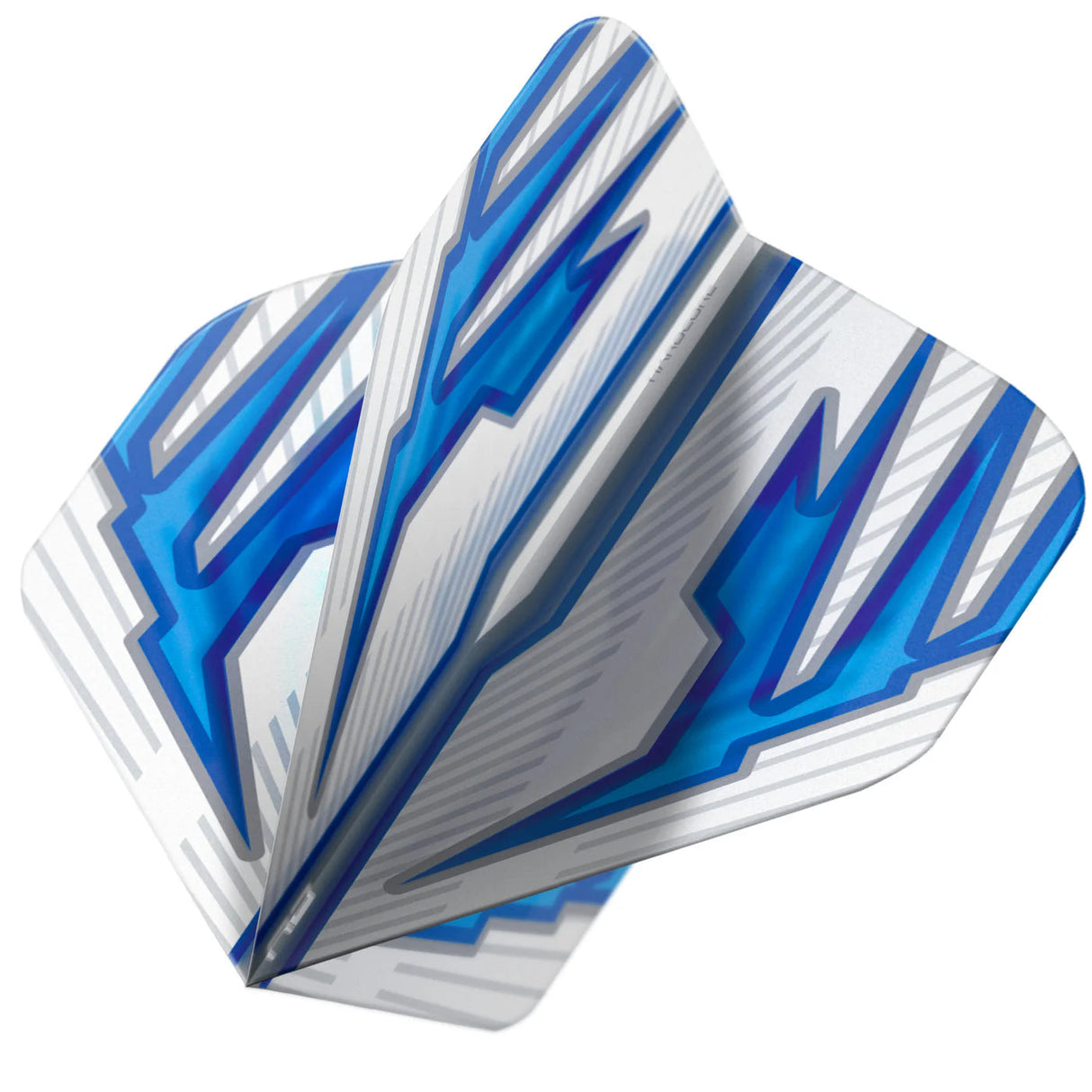 Close-up angled view of white and blue No.2 dart flight showing detailed pattern, isolated for dart accessories