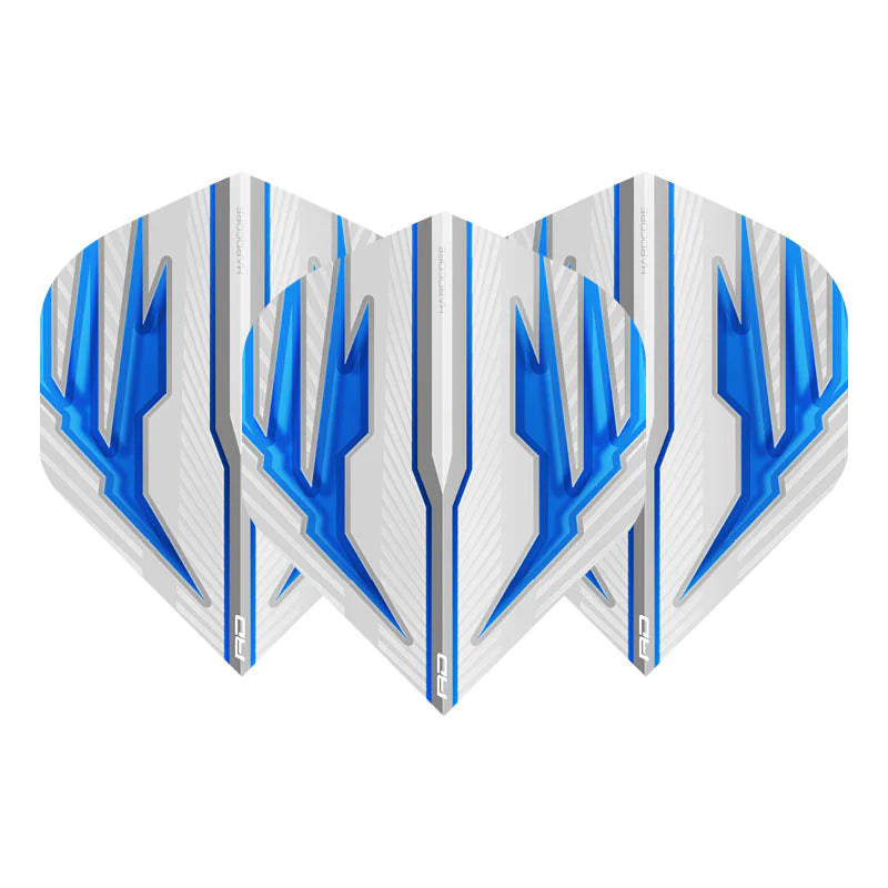 Three white and blue No.2 dart flights displayed side by side on white background highlighting angular graphic pattern
