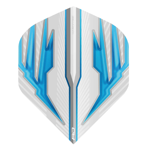 Macro view of a single No.2 dart flight with striking white and blue geometric design and textured finish, isolated on white background
