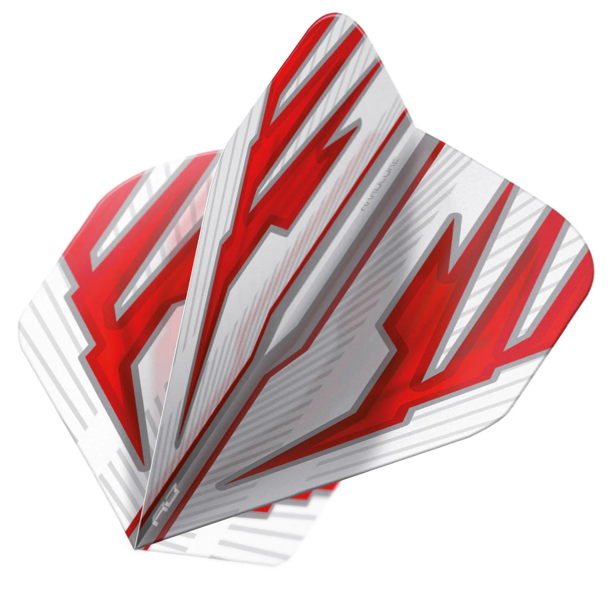 Angled close-up of white and red No.2 dart flight with bold geometric pattern, highlighting wing shape and texture on white background