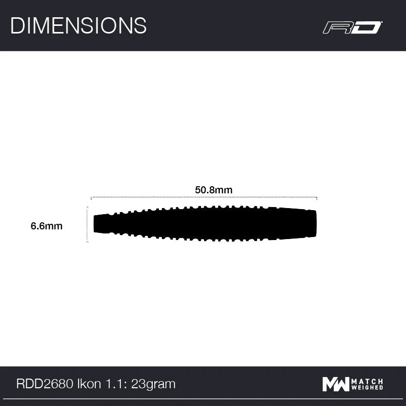 Dart barrel side view with dimensions 50.8mm length, 6.6mm diameter, showing scale reference for Ikon 1.1 85% tungsten darts