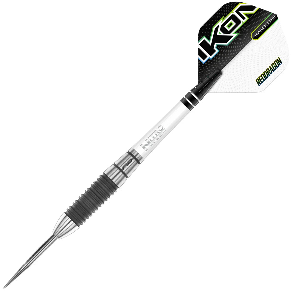 Angled view tungsten dart isolated on white, showing black grooved grip, silver barrel, Nitro Tech shaft, Ikon 1.2 flight.