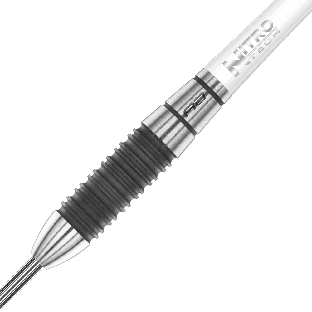 Close-up of tungsten dart barrel with black grooved grip and visible shaft connection, isolated on white background