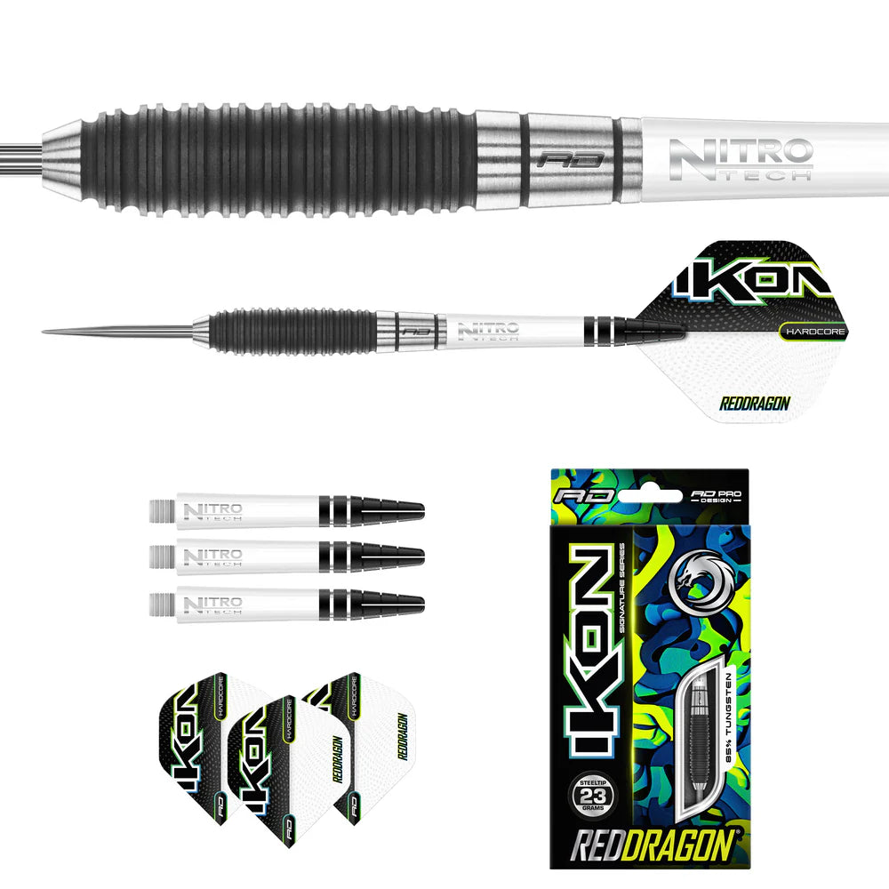 Full set of Ikon 1.3 85% tungsten darts with ribbed grip, spare shafts, flights, and retail box on white background