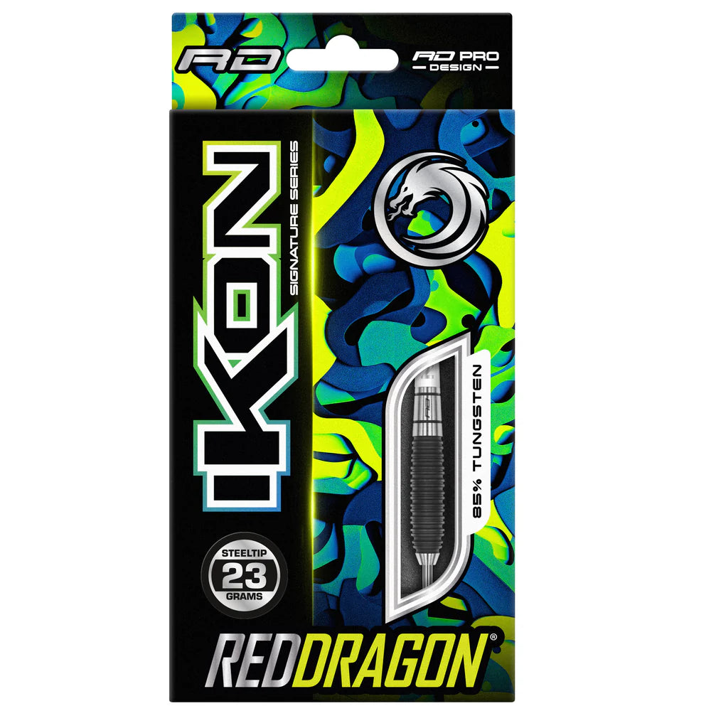 Front view dart packaging with visible steel tip dart, atomised barrel grip, 85% tungsten, 23 grams, steeltip