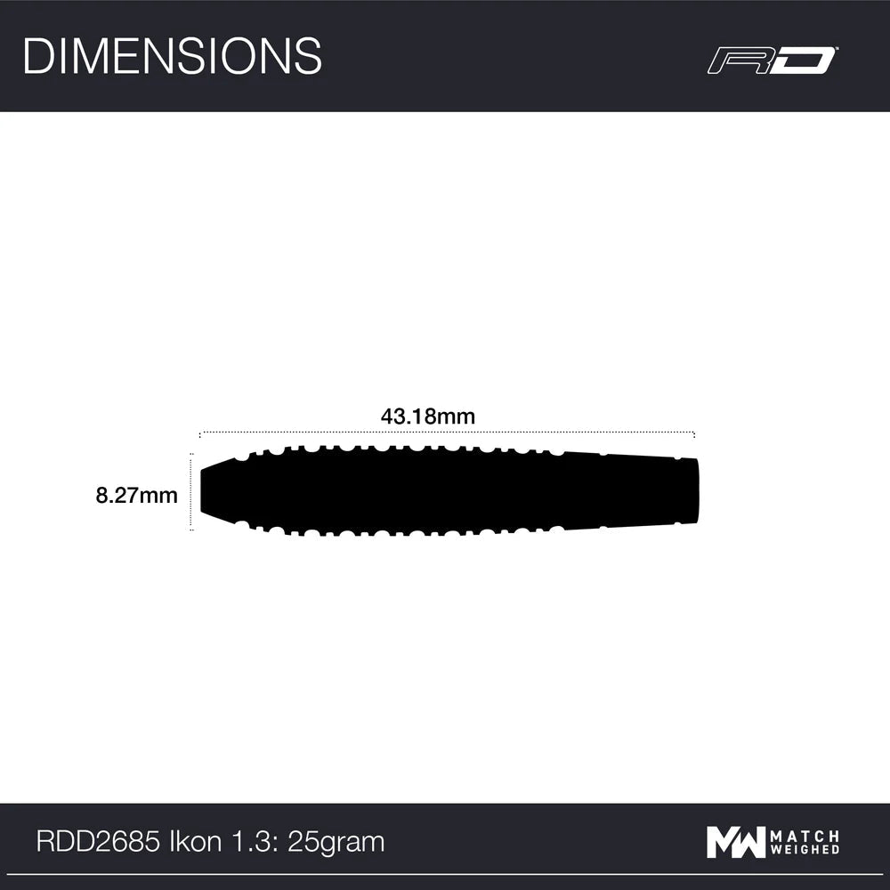 Dart barrel silhouette top-down view with 43.18mm length and 8.27mm diameter dimensions shown