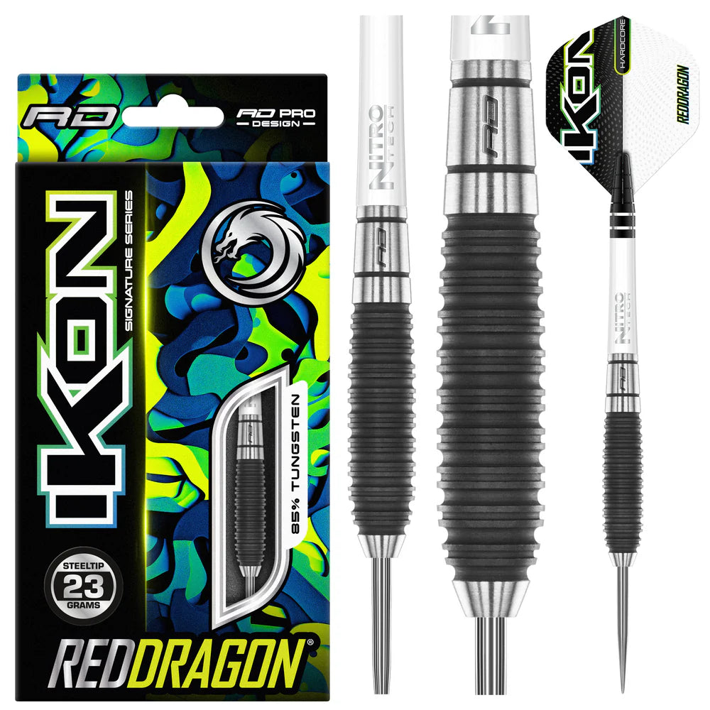 Ikon 1.3 85% tungsten steeltip darts pack with close-ups of atomised grip barrel, flight design, and full dart arrangement on white