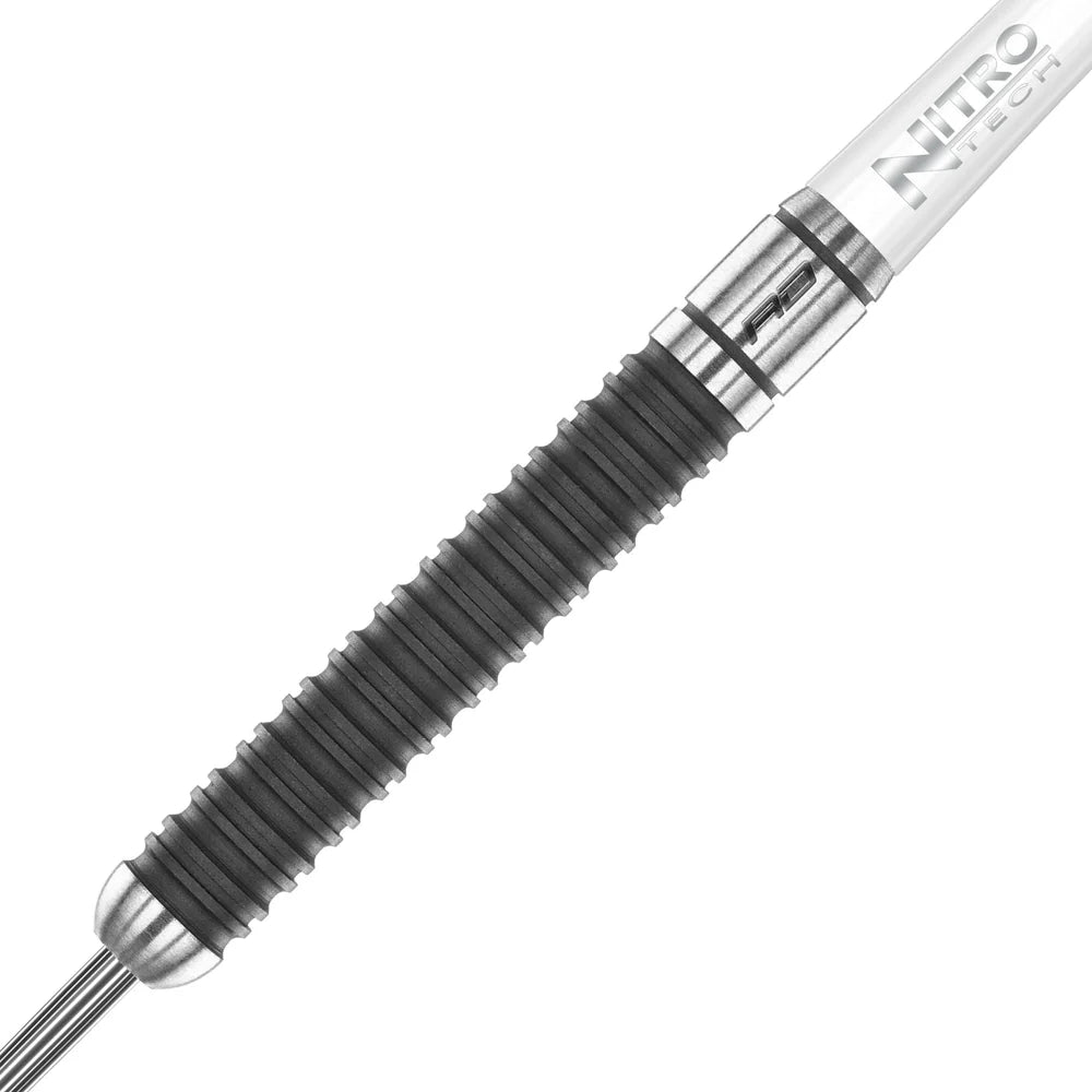 Close-up of Ikon 1.4 tungsten dart highlighting ribbed grip texture and barrel detail on white background